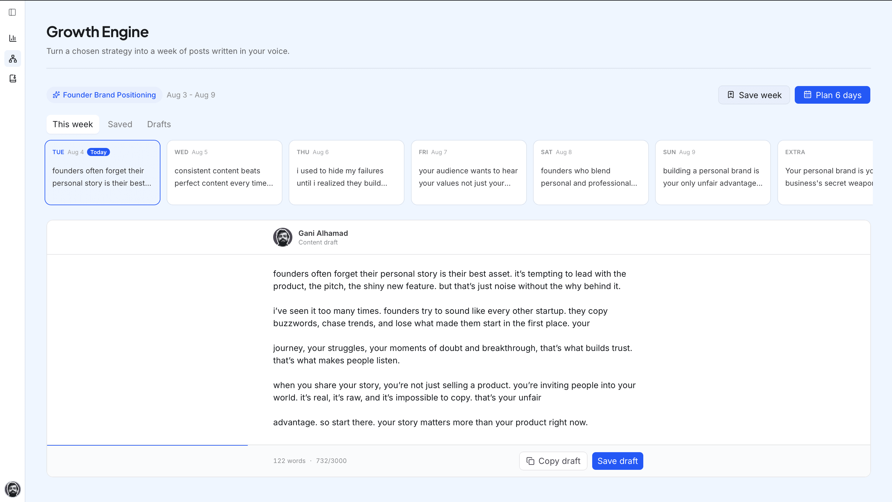 The Planiberry growth engine: a week of post ideas with the selected day open in the draft composer.
