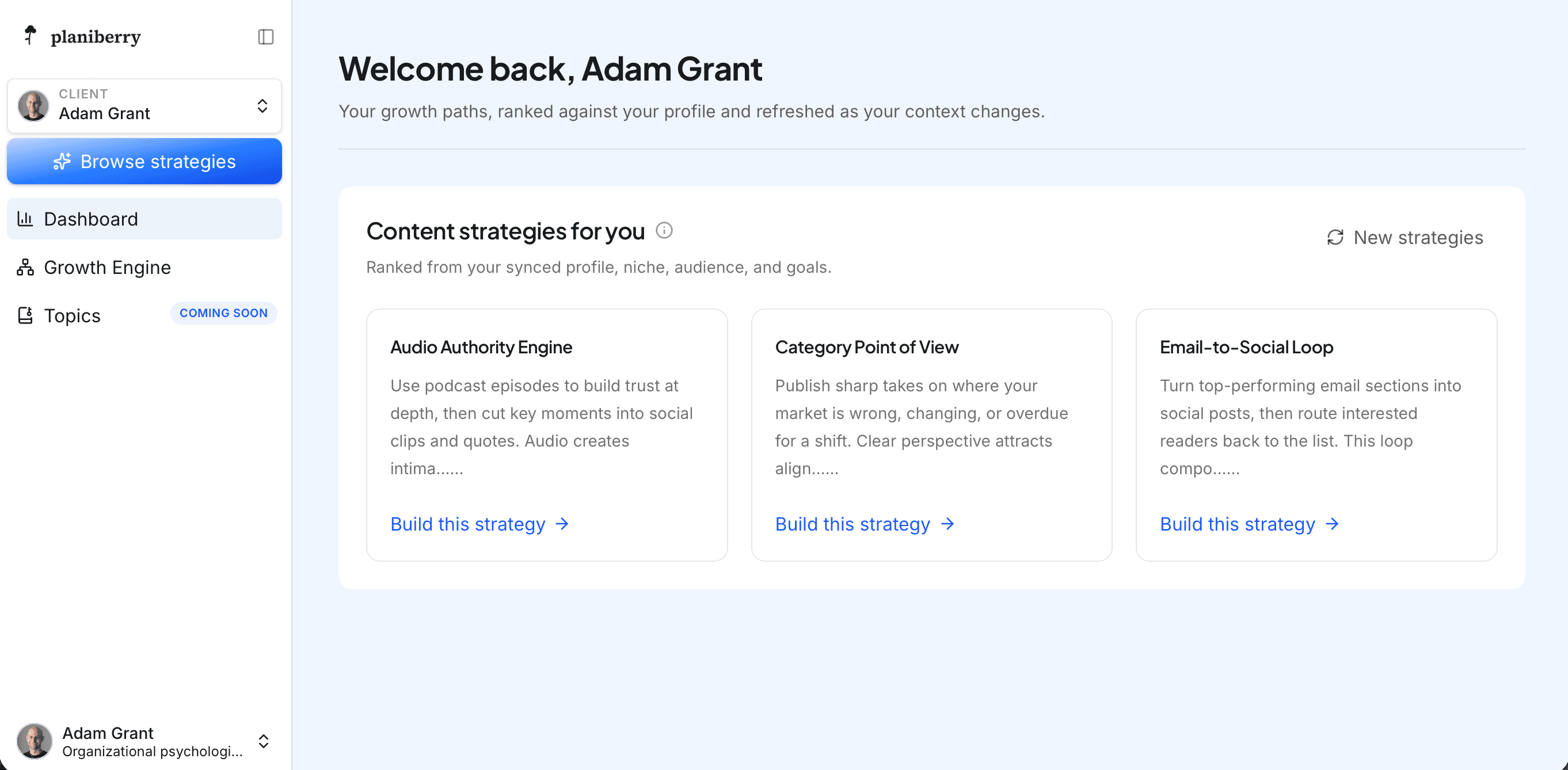 Planiberry dashboard showing content strategies ranked for a LinkedIn profile